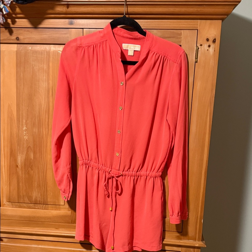 Michael Kors Coral Button-Up Long Sleeve Romper